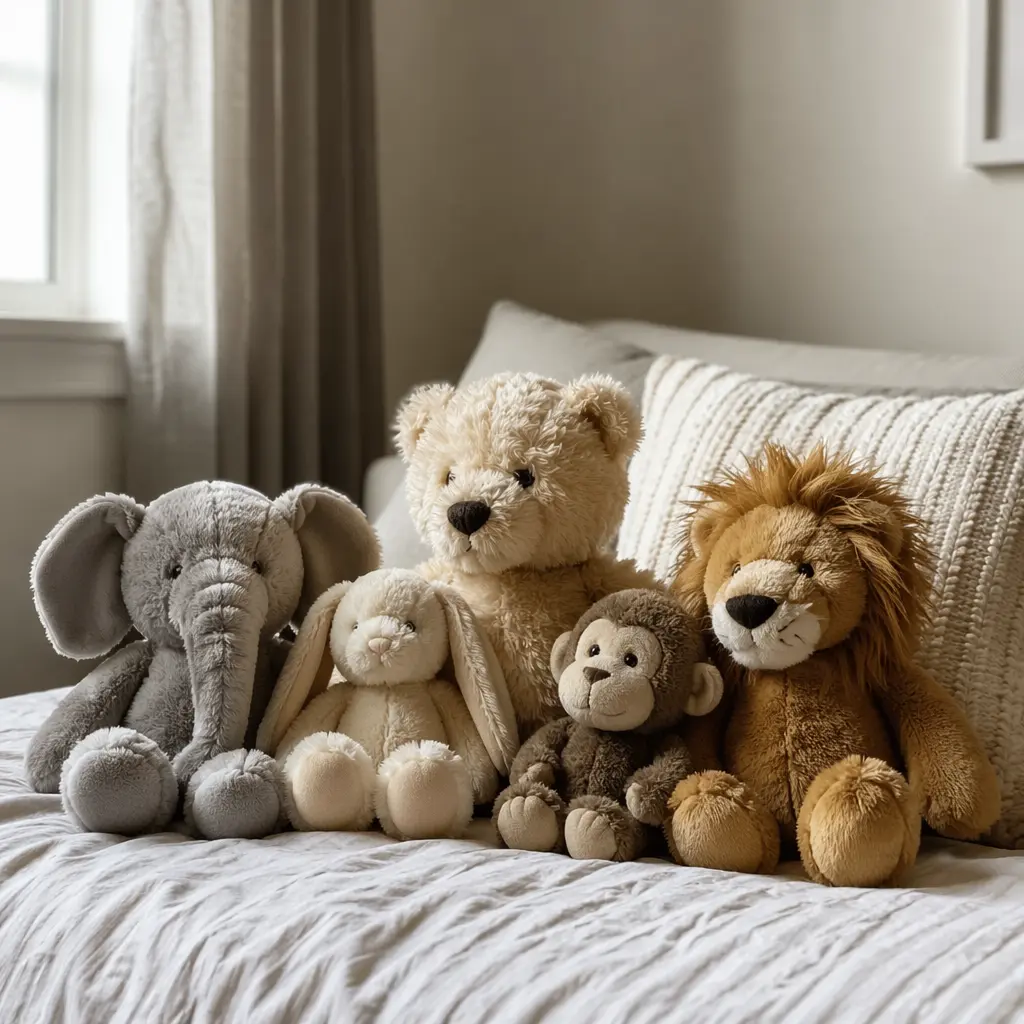 Classic plush animals arranged on a child’s bed in soft natural light.