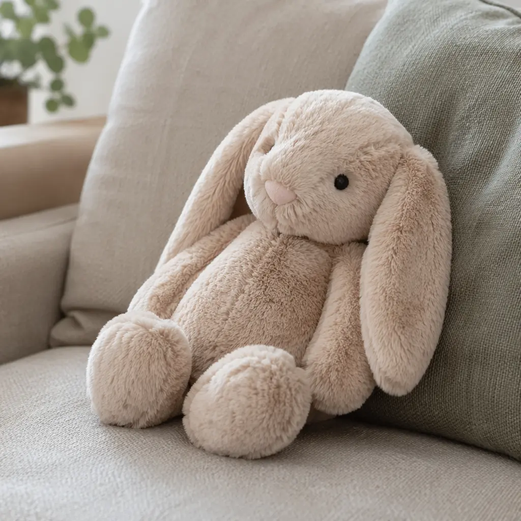 Close-up of a soft plush toy in a calm home setting