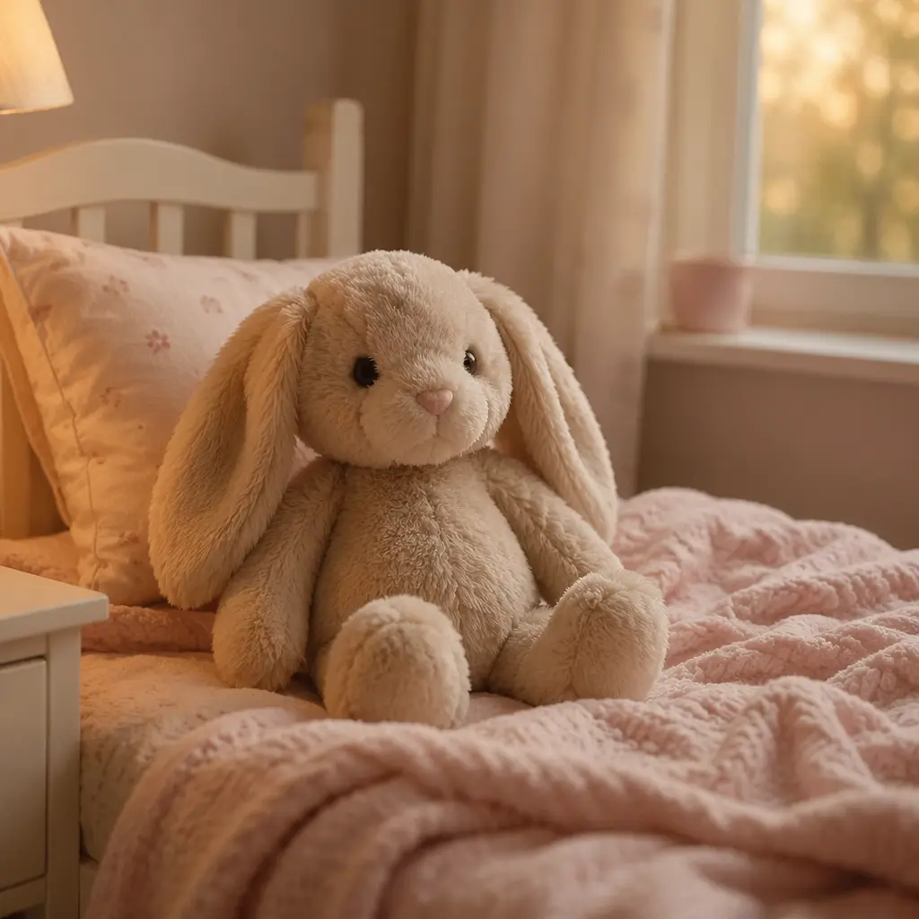 Plush toy on a child’s bed in a peaceful, calming setting
