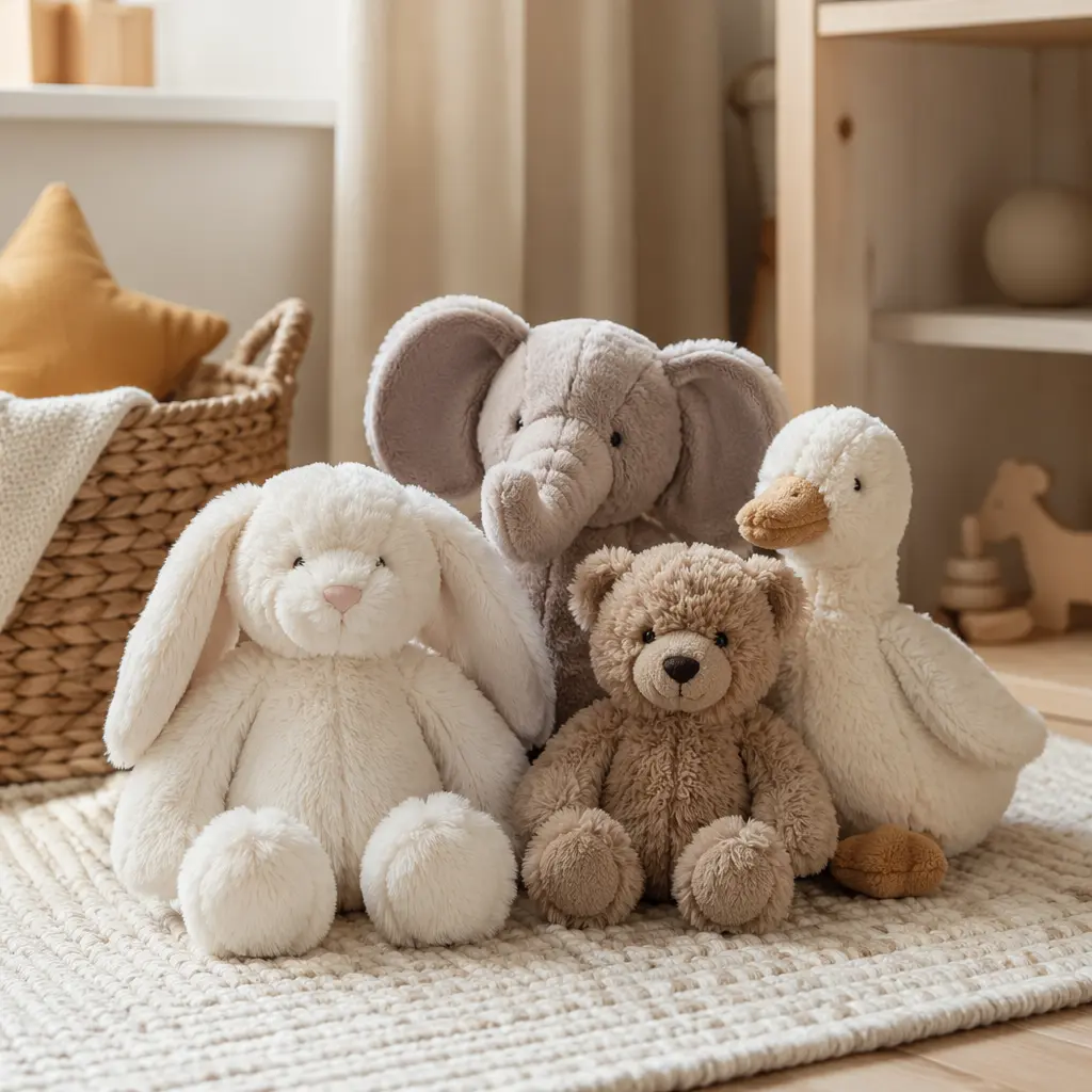 Soft neutral plush toys arranged in a calm, cozy play space