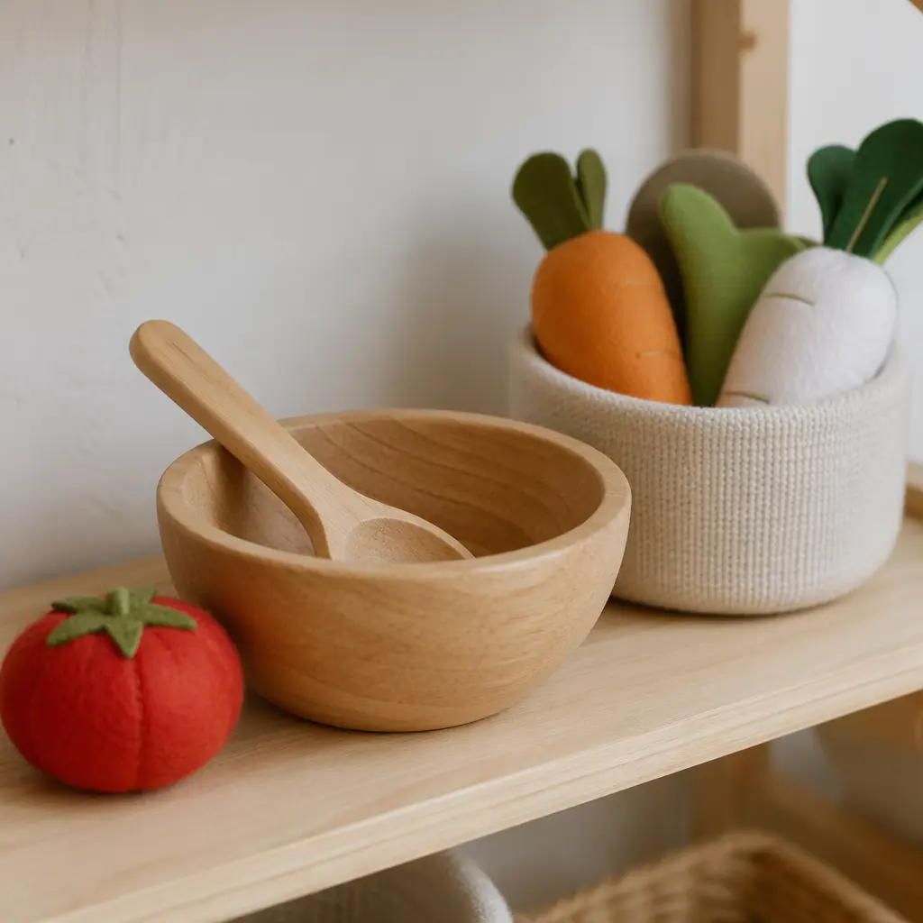 Close-up of simple pretend kitchen toys for toddlers on a low shelf