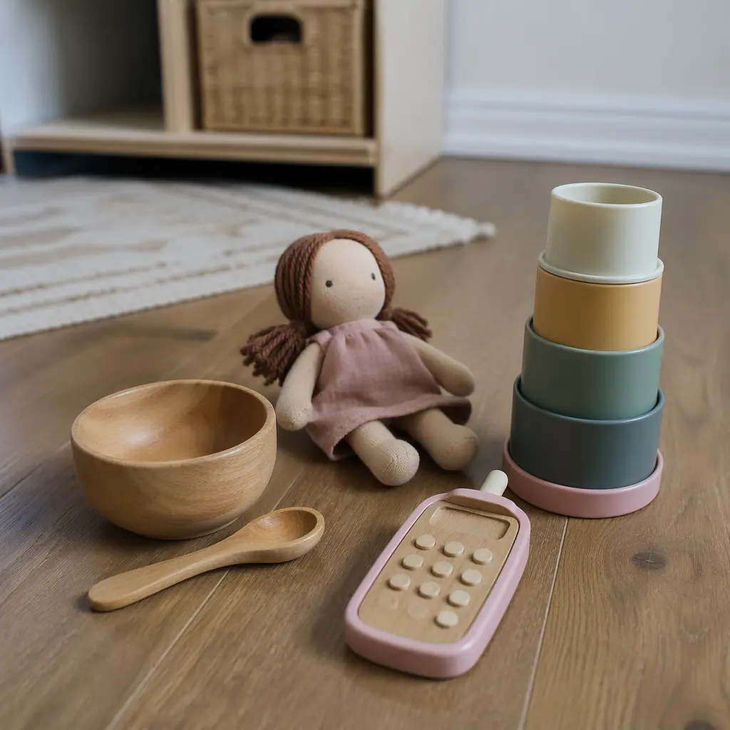 Simple pretend play toys arranged on a wooden floor in soft natural light
