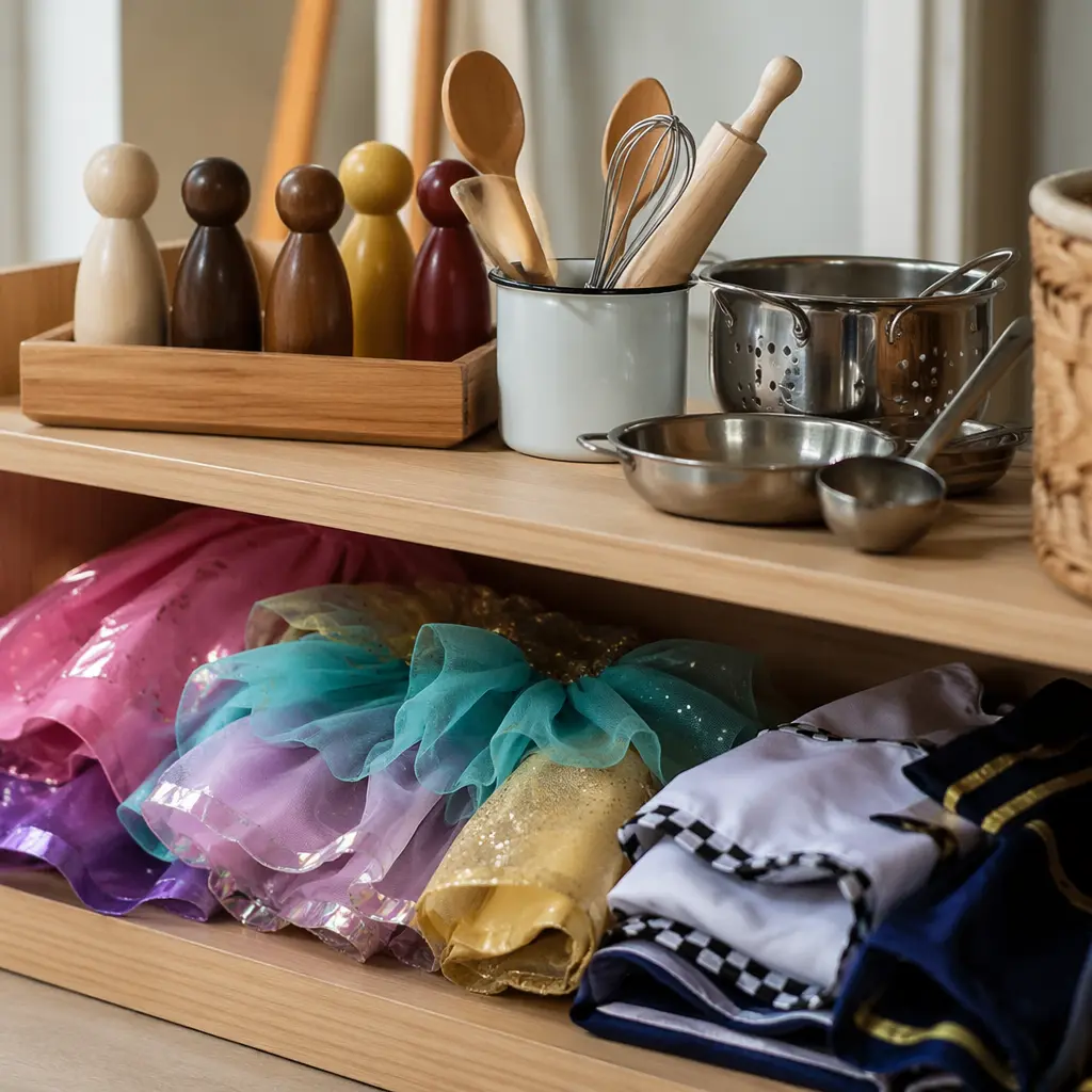 Pretend play accessories organized on a low shelf, ready for easy access.
