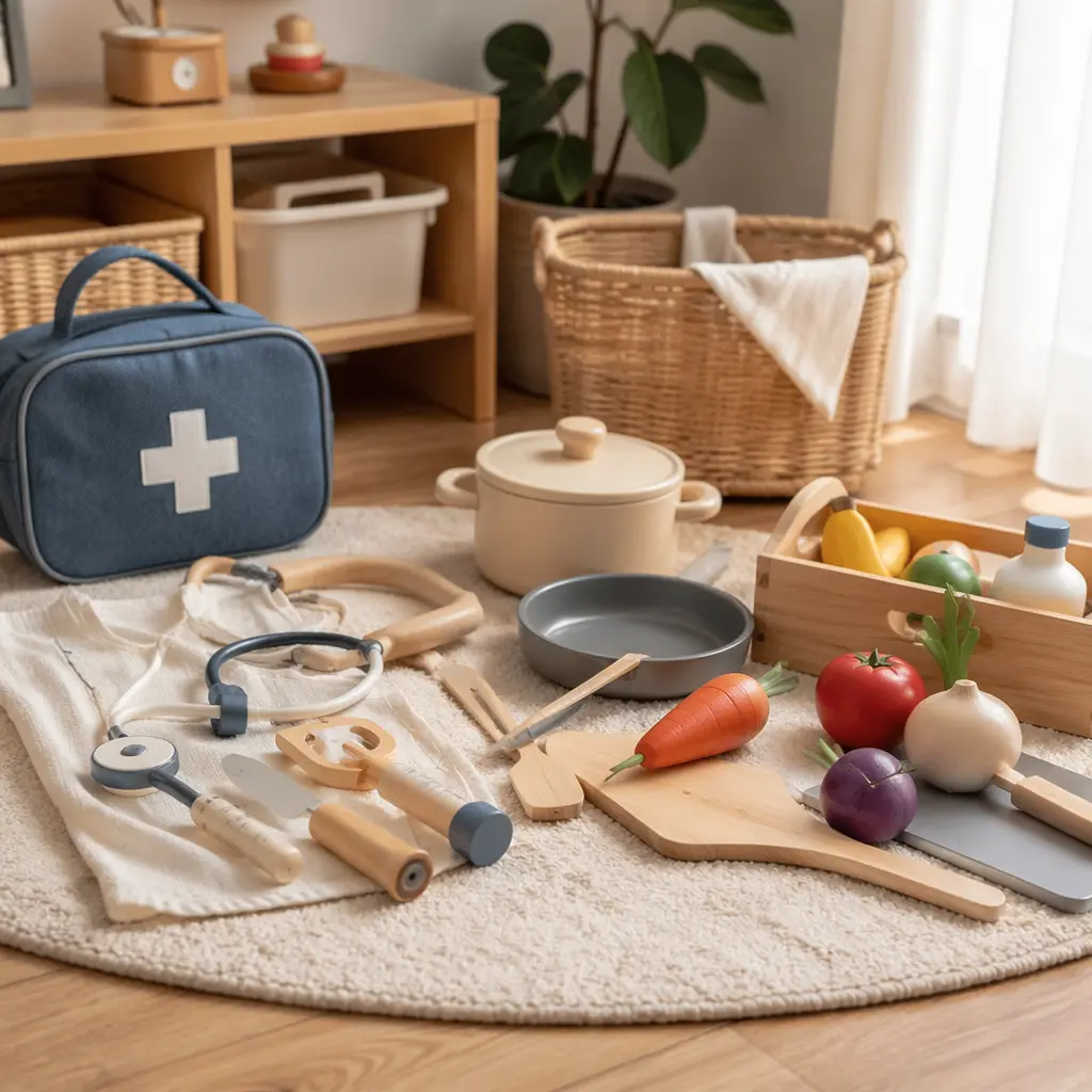 A calm playroom scene with simple pretend play toys laid out and ready to use.