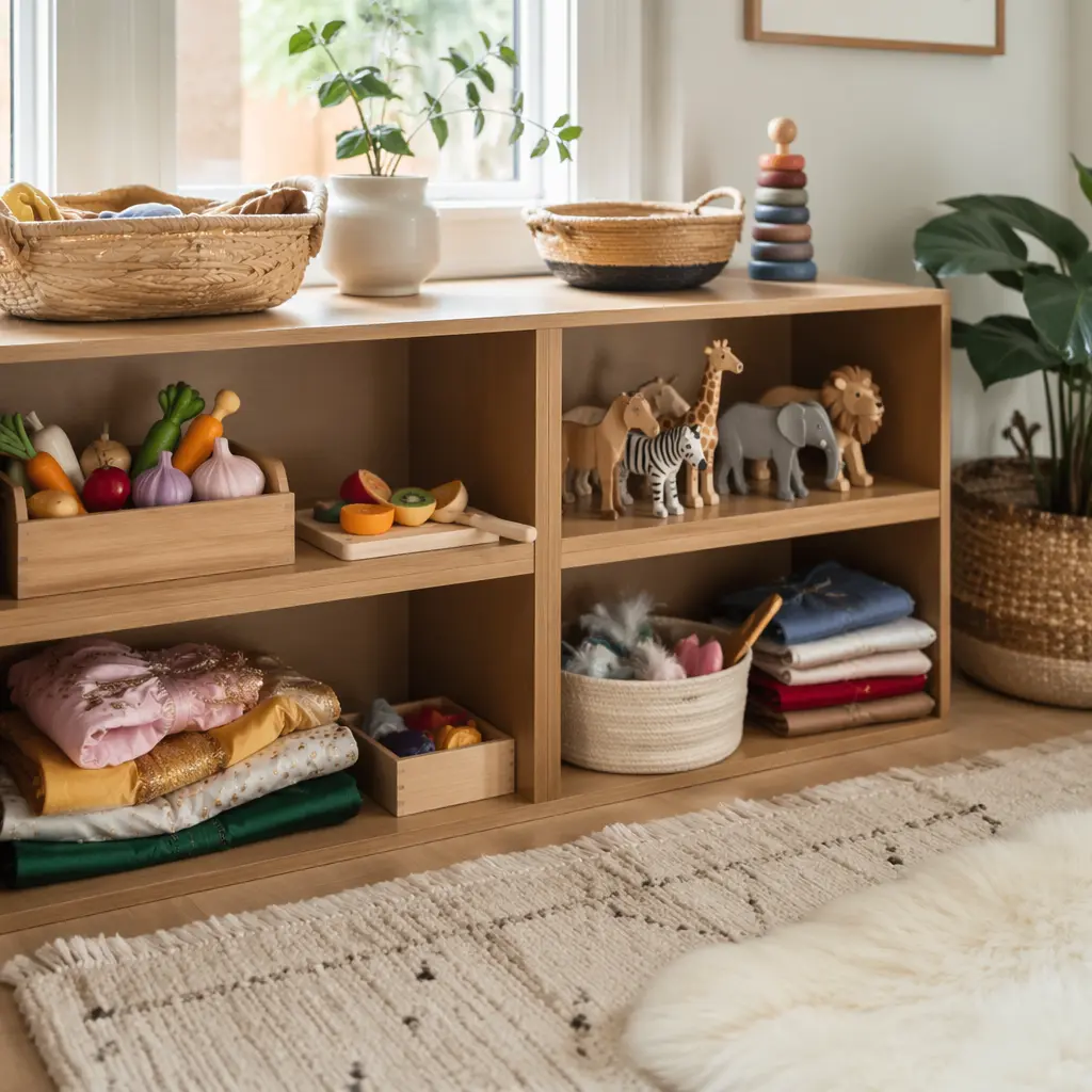 Open-ended pretend play toys displayed on a low shelf