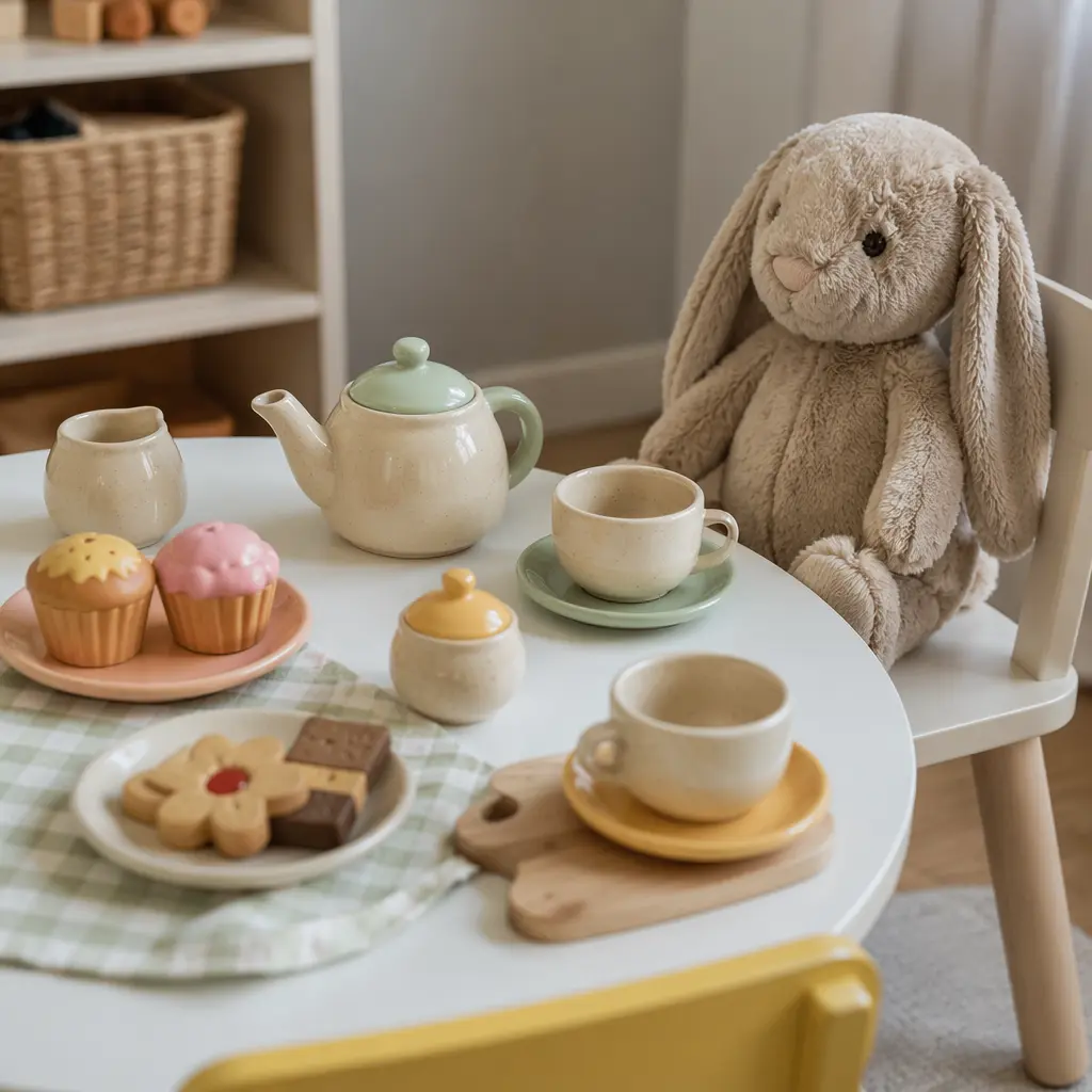 Pretend tea party setup with simple play dishes