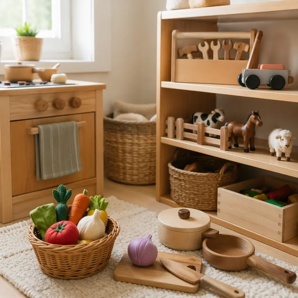 Screen-free pretend play toys arranged in a calm playroom setting