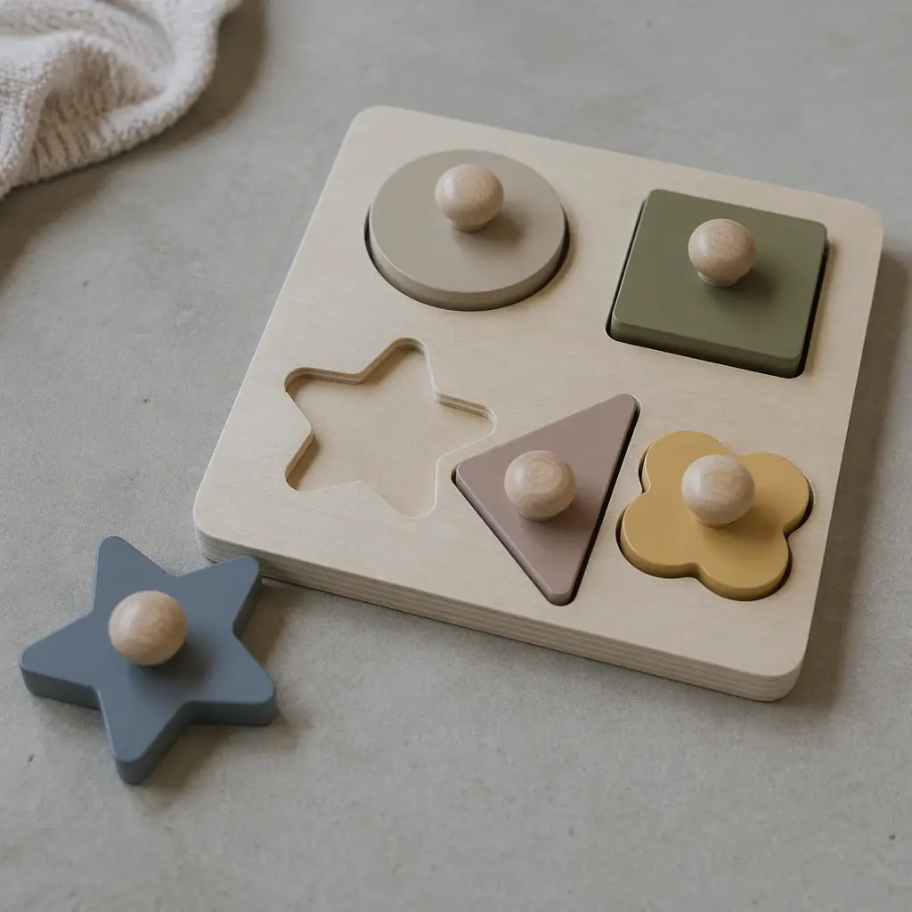 Large-knob wooden shape puzzle on the floor