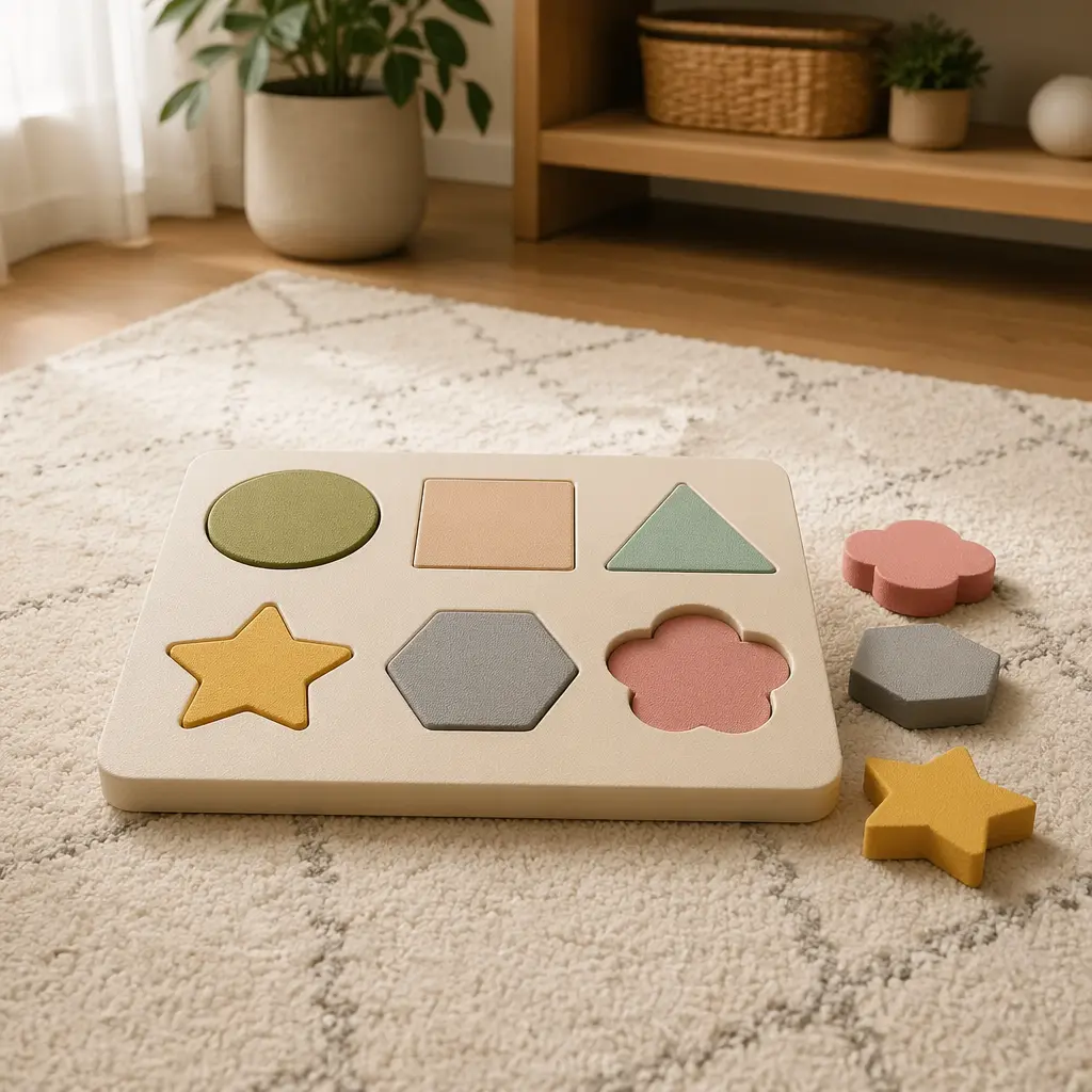 Soft foam inset puzzle with basic shapes on a rug