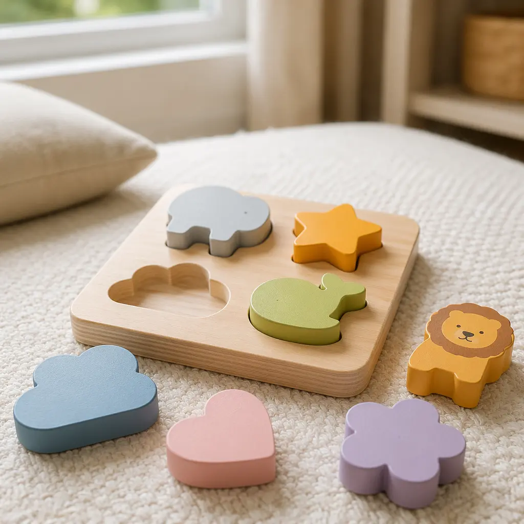 Chunky wooden puzzle pieces arranged on a soft play mat