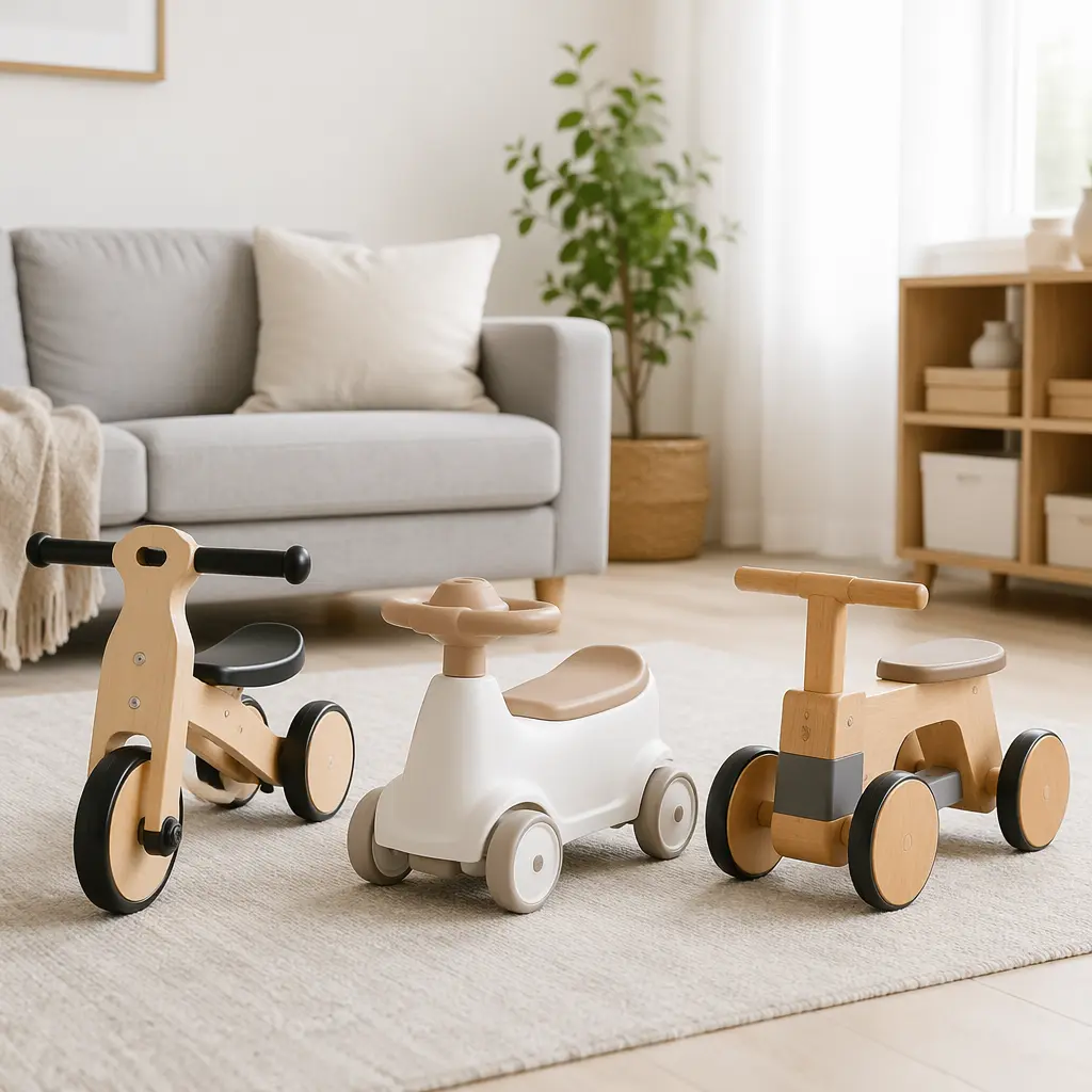Simple ride-on toys for toddlers arranged in a bright, modern living room