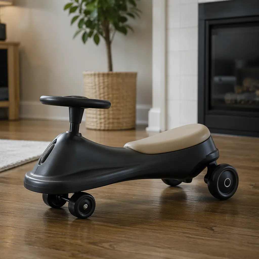 A classic ride-on toy on a hardwood floor in a modern home