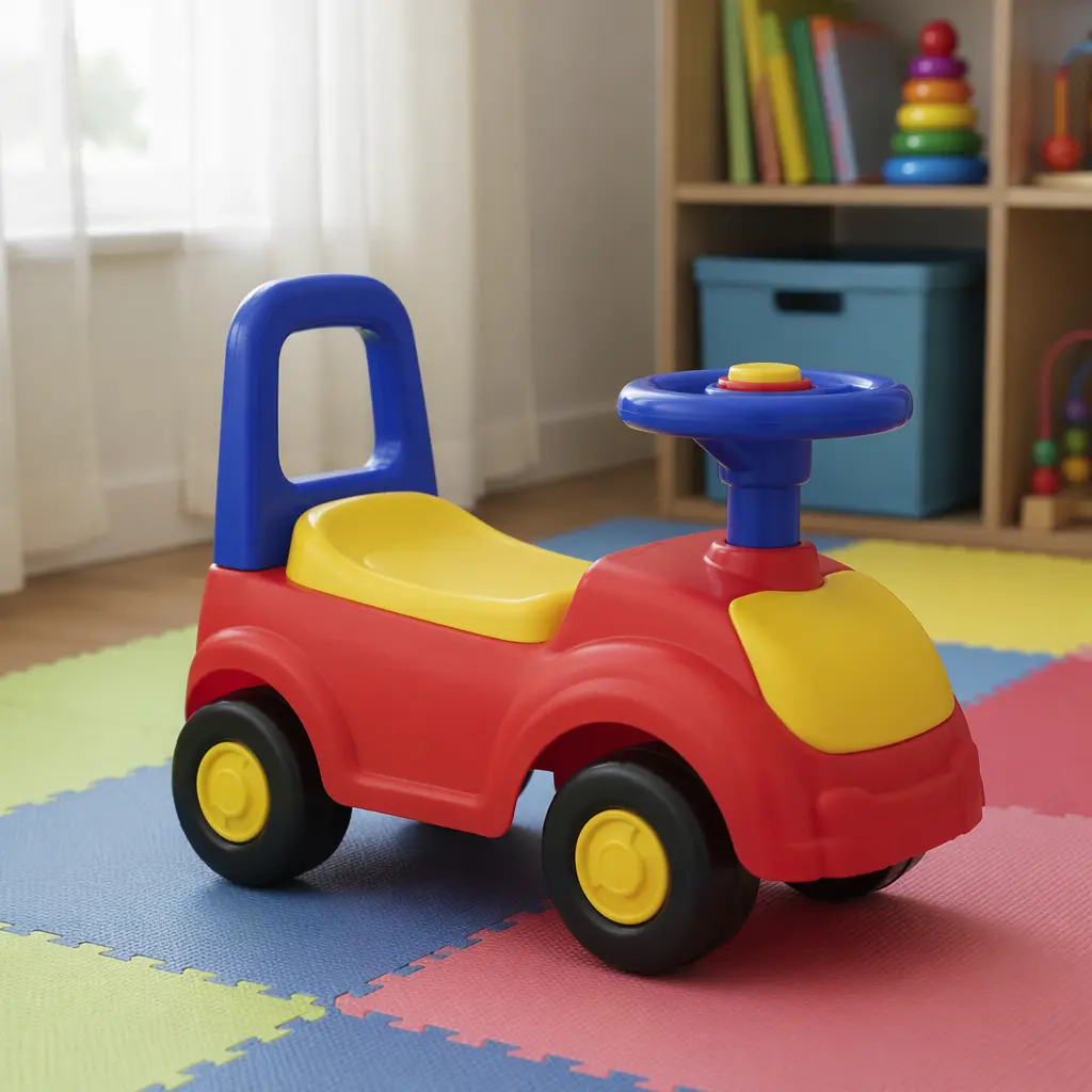 A preschool ride-on toy set up in a safe indoor play area