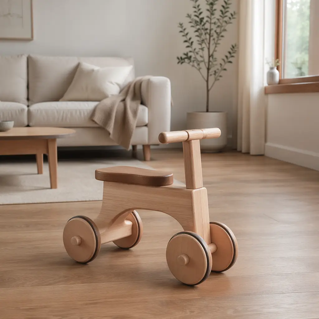 A simple wooden ride-on toy displayed in a sunlit living room