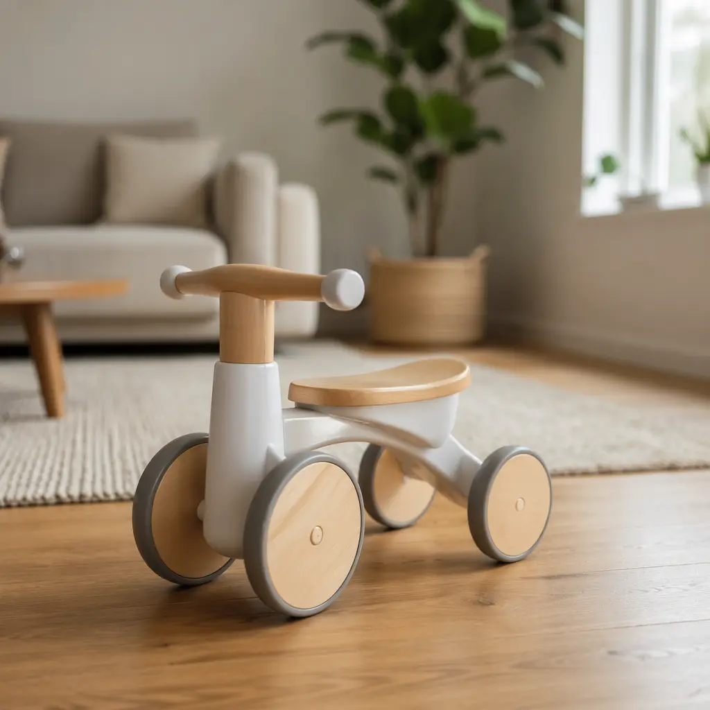 Simple toddler ride-on toy in a bright, calm home setting
