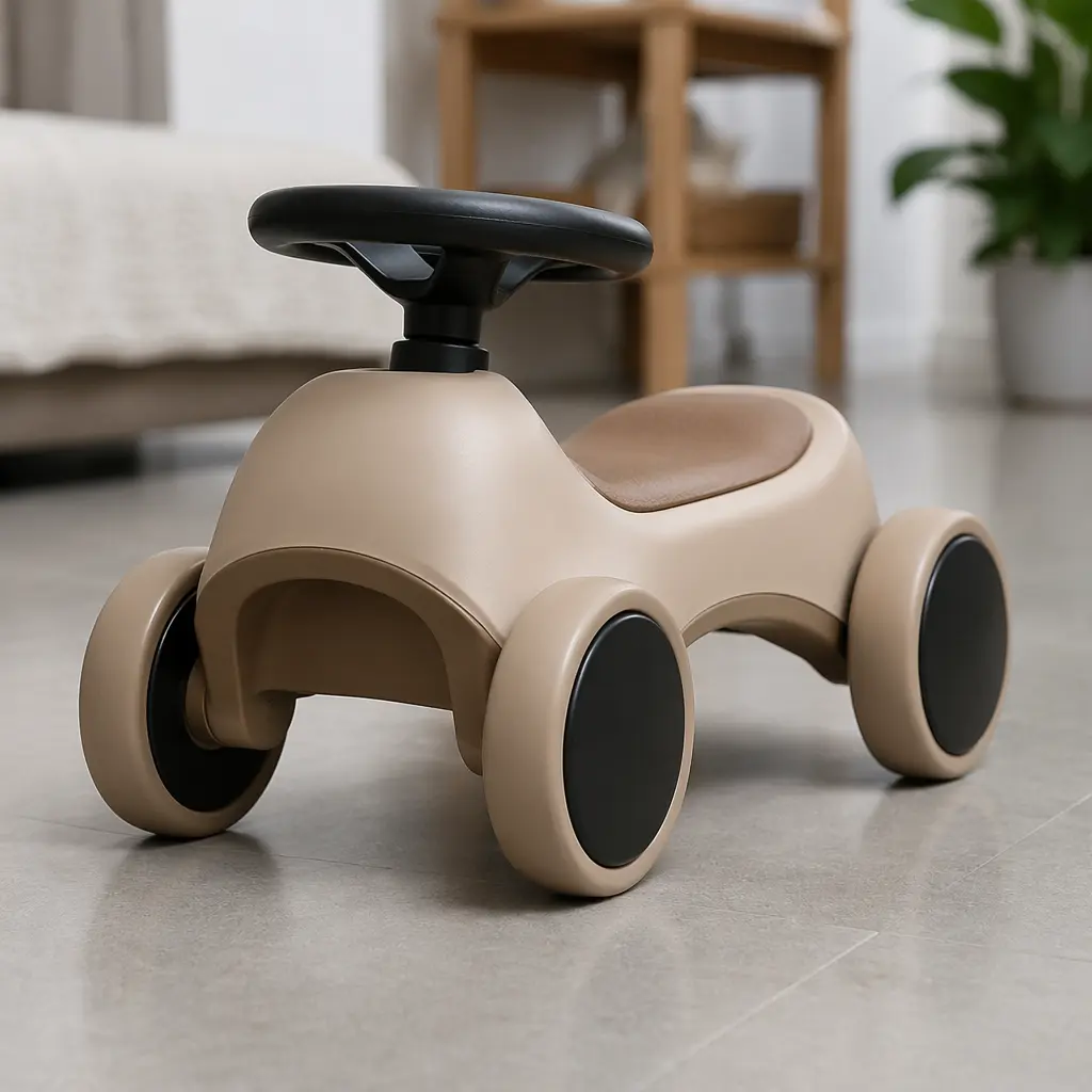 Low ride-on toy with wide wheels designed for stability