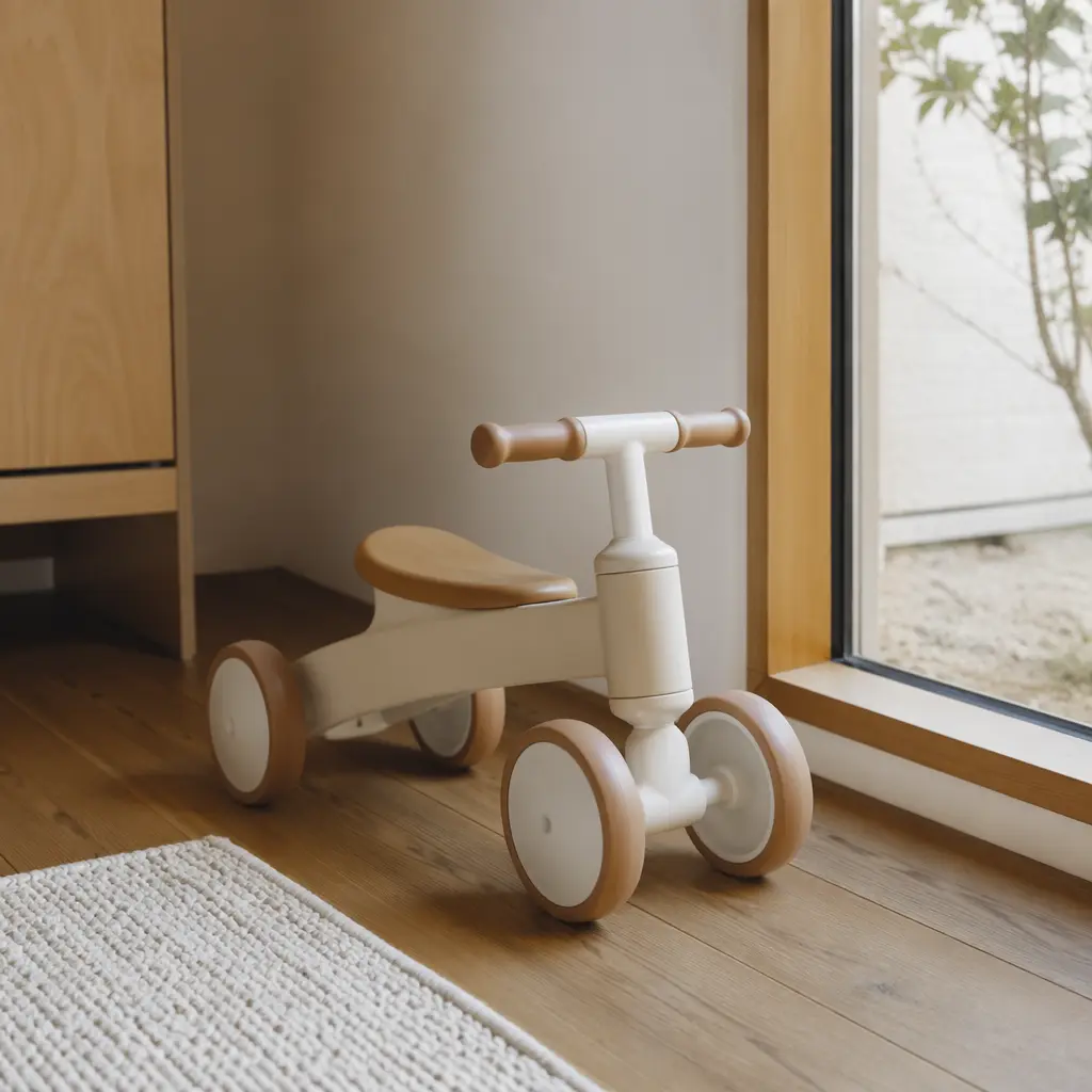 Minimalist toddler ride-on toy in a bright room