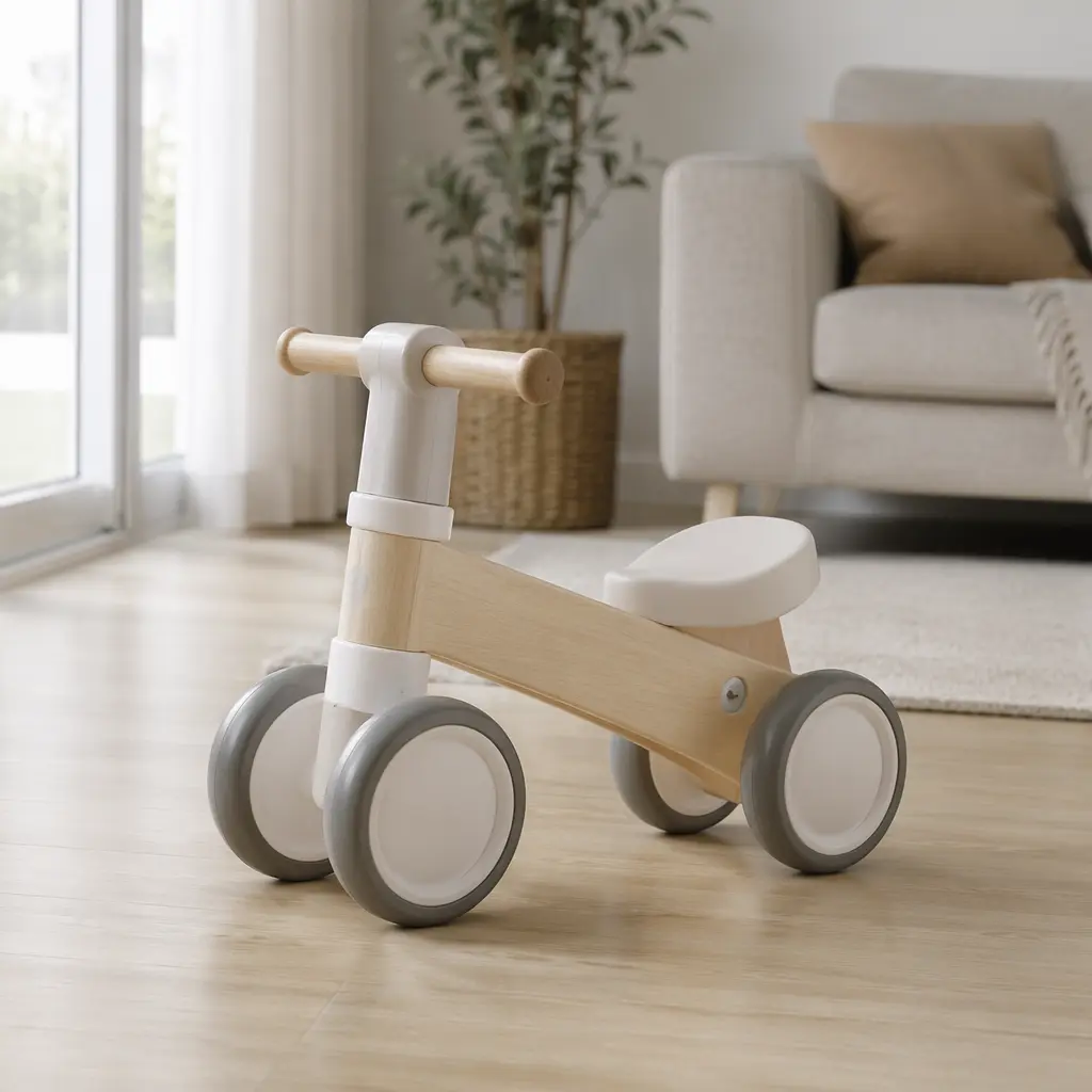 A simple motor-free ride-on toy on a living room floor