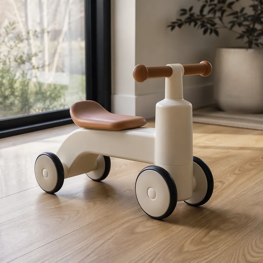 A minimalist ride-on toy for toddlers placed on a wooden floor in natural light.