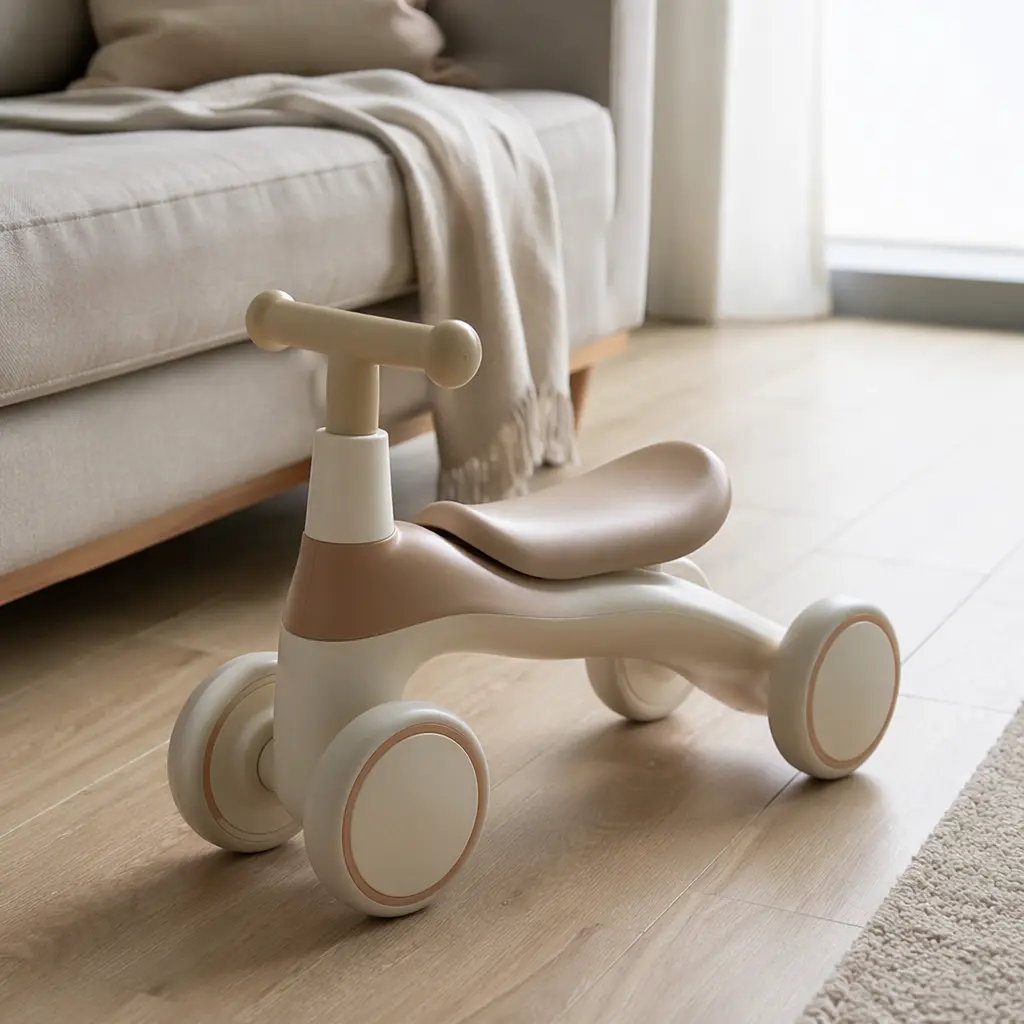 A push-style ride-on toy for young toddlers placed in a living room setting.