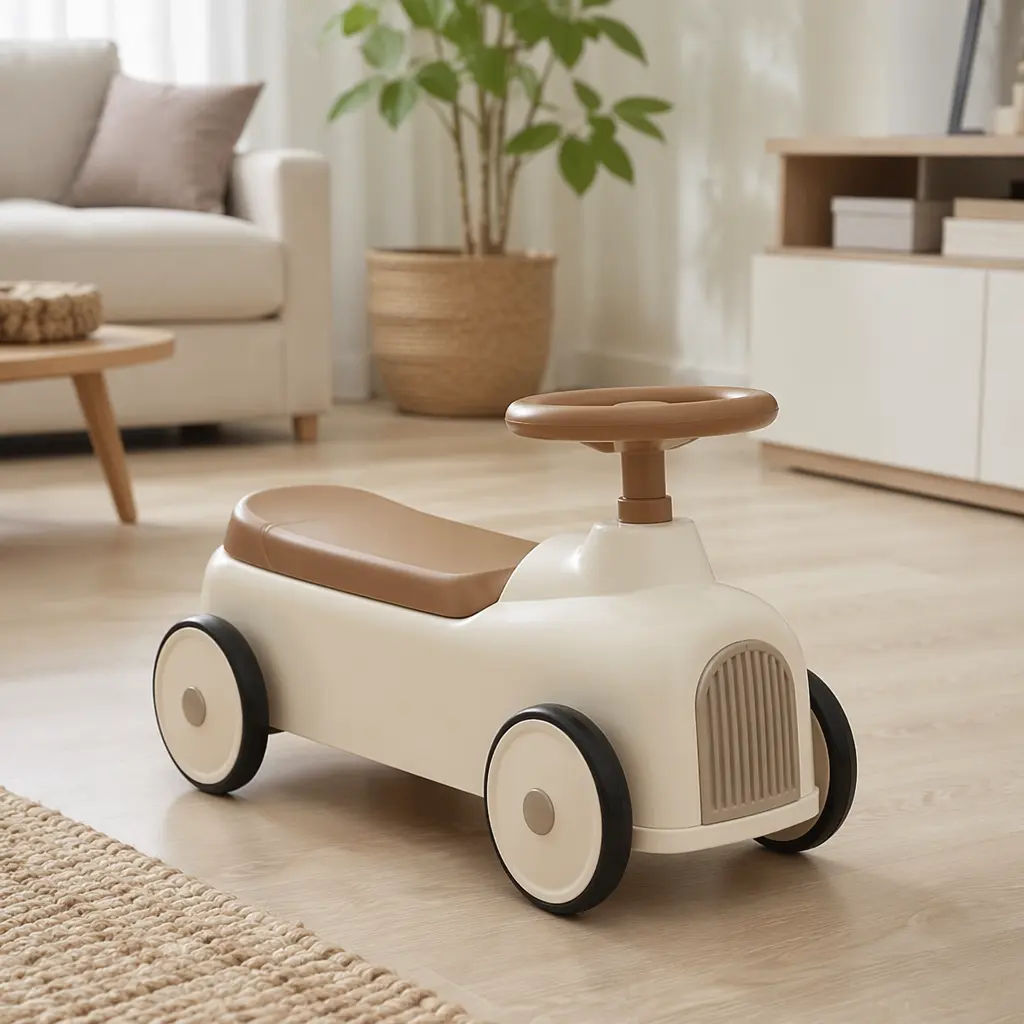 A simple low-tech ride-on toy designed for toddlers, shown in a bright indoor space.