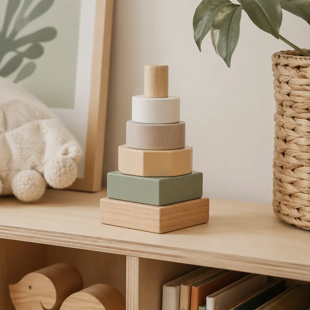 Wooden stacking shapes on a low shelf