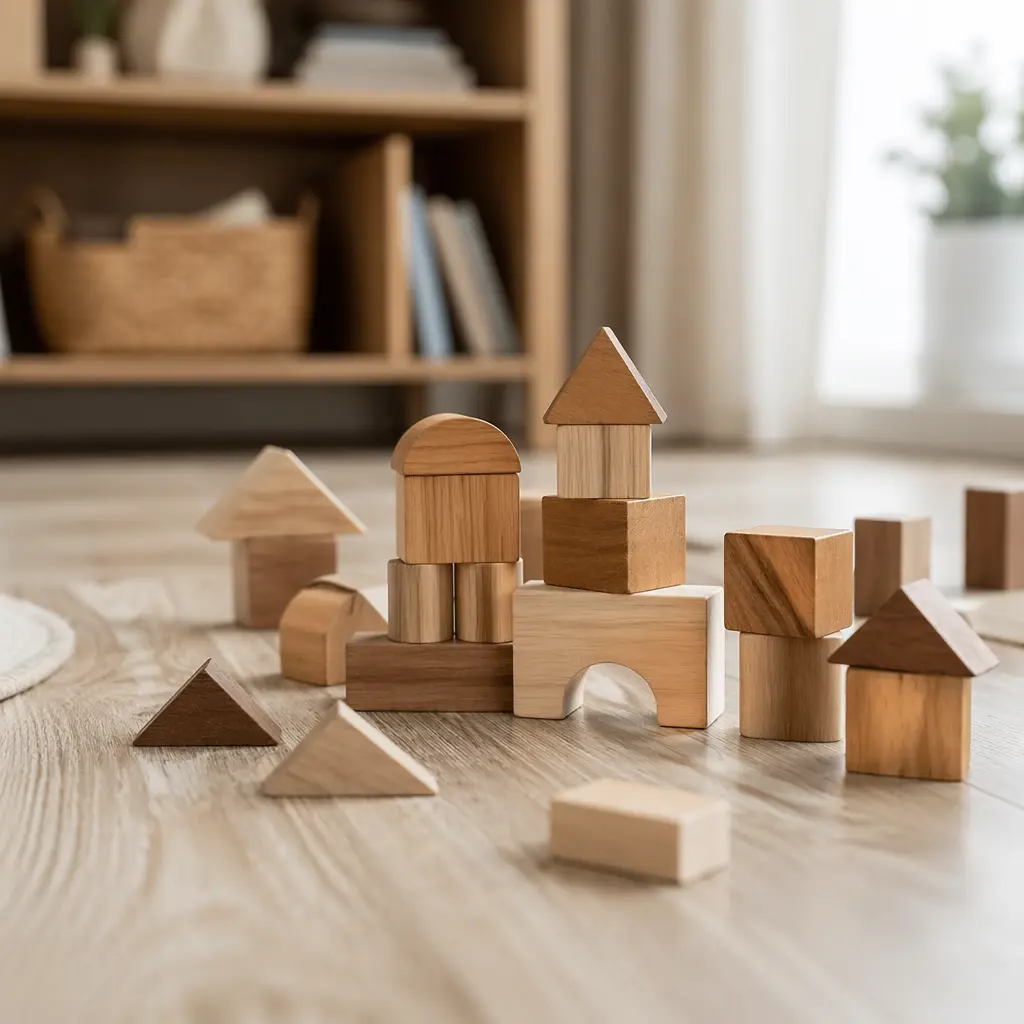 Simple wooden building toys arranged on a light wood floor