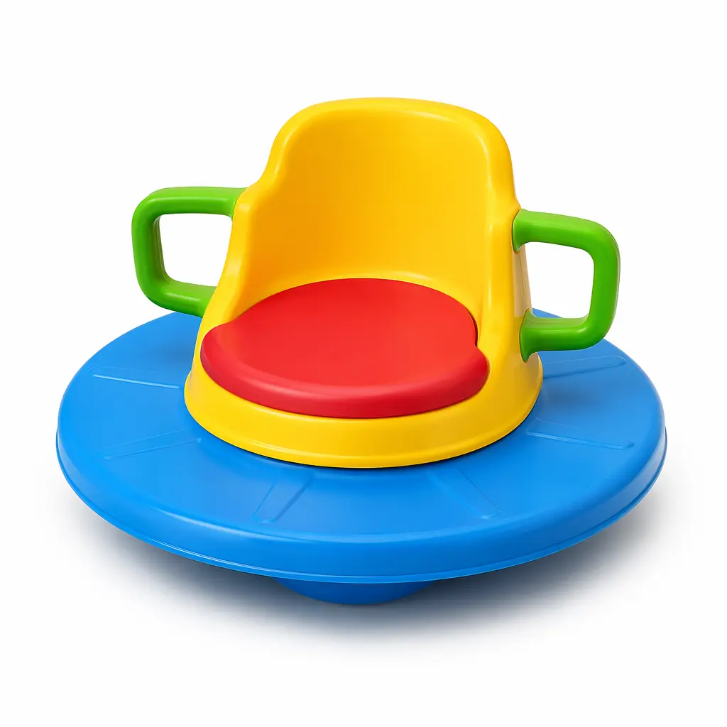 A classic sit-and-spin style ride-on toy with a round base and side handles