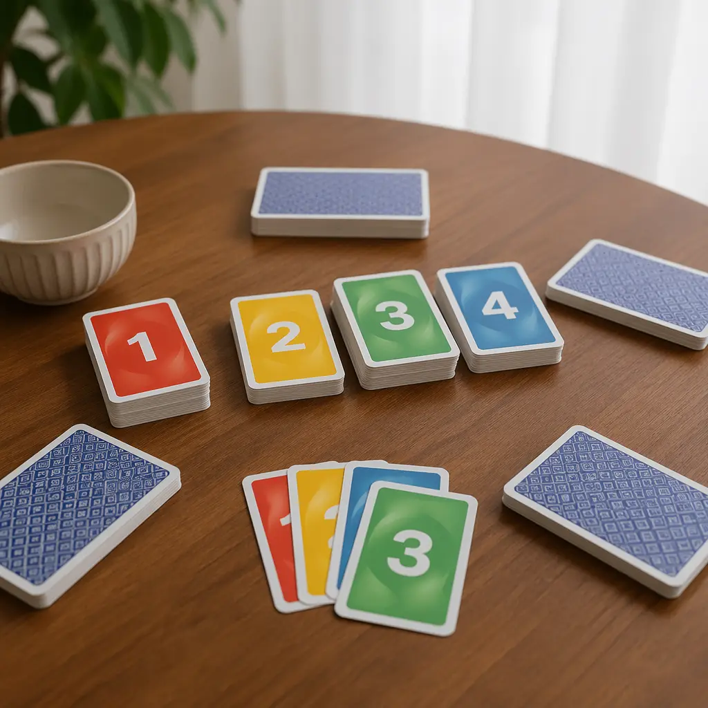 A tabletop card game setup with colourful stacks of cards arranged for play