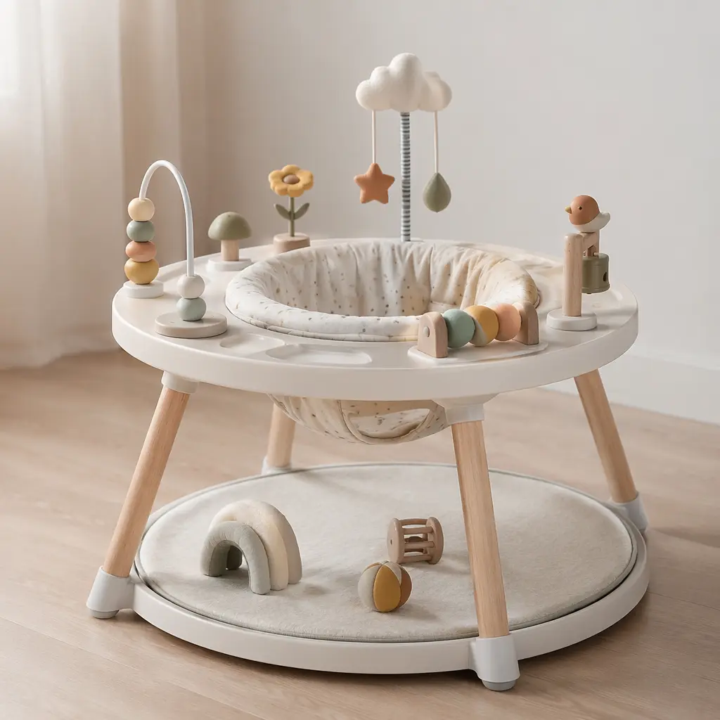 A modern, neutral-toned baby activity center designed to fit into a contemporary living room