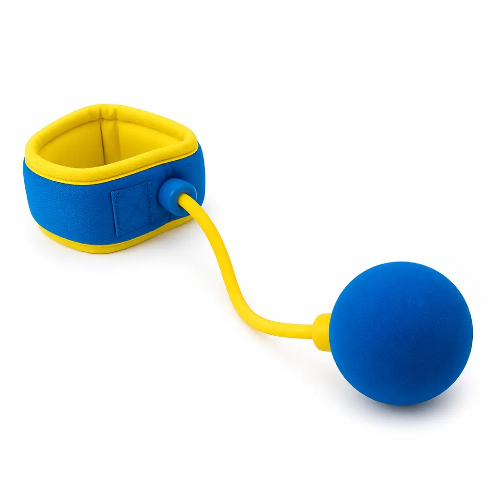 A classic ankle skip toy with a loop and weighted ball