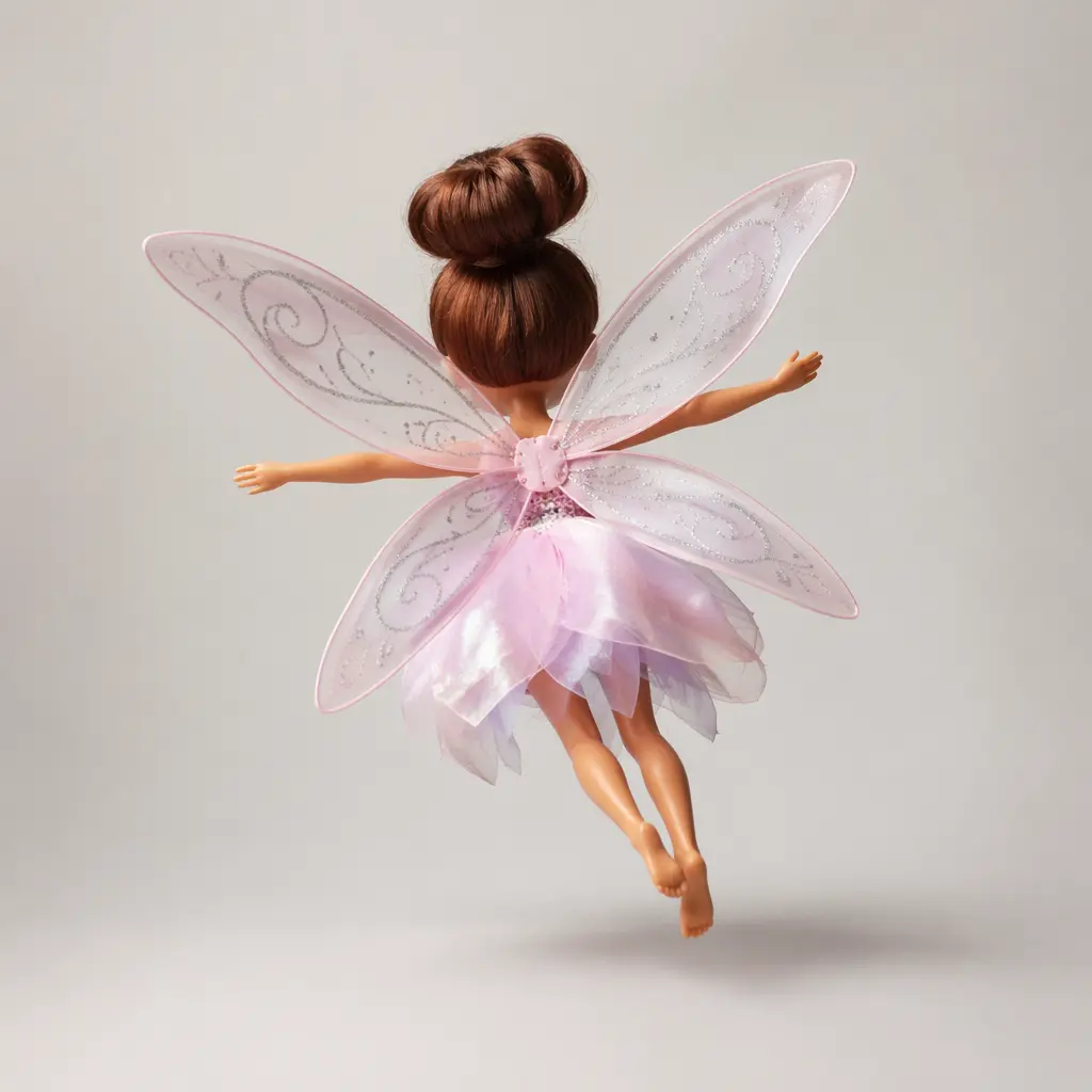 A pull-string flying doll toy captured mid-air with fabric wings spread