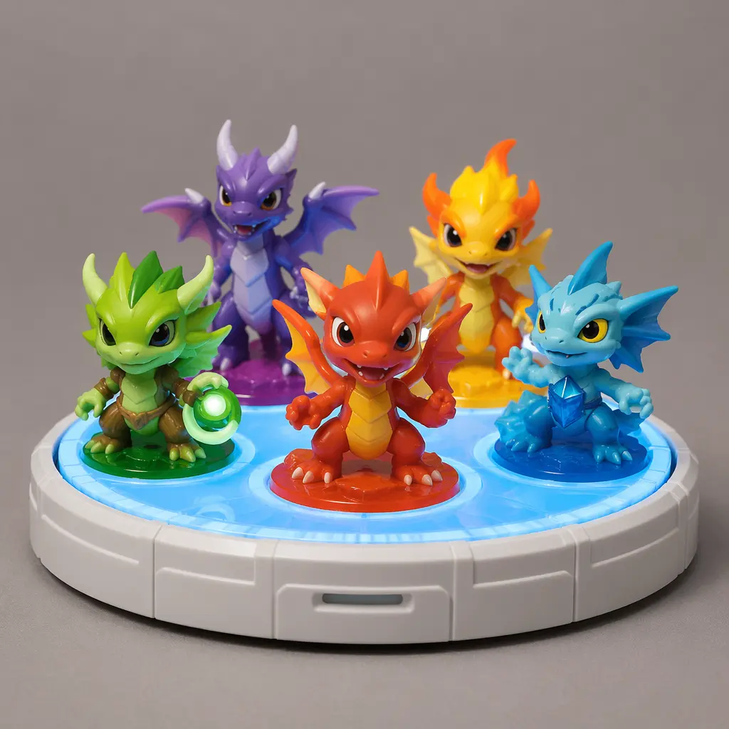 Fantasy toy figurines placed on a glowing game base, representing toys-to-life play