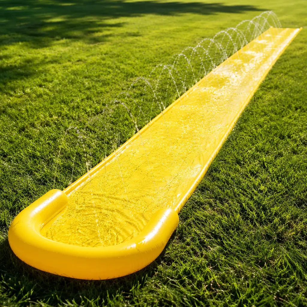 A long plastic backyard water slide spraying water on a lawn