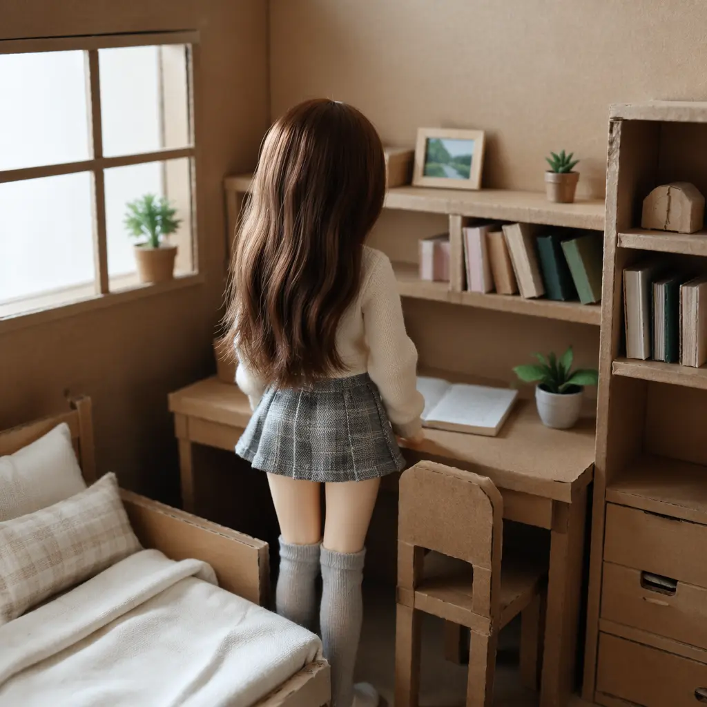 A smart doll placed in a handmade play scene with craft materials.