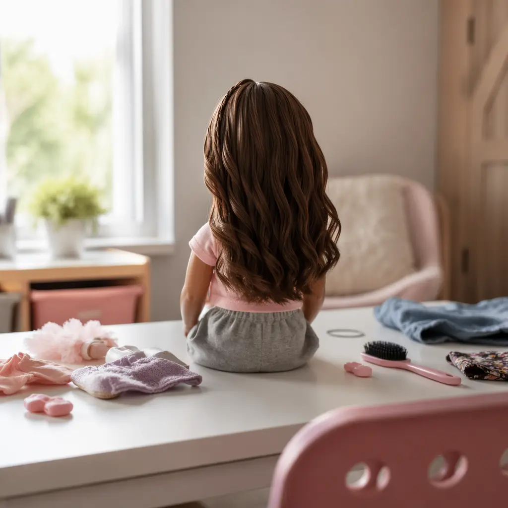 A smart doll displayed with accessories on a desk, shown from behind in soft natural light.