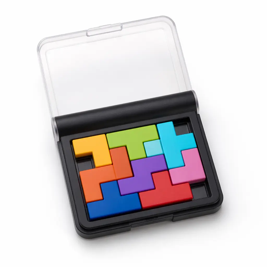 A pocket-sized logic puzzle with colorful geometric pieces on a small grid board.