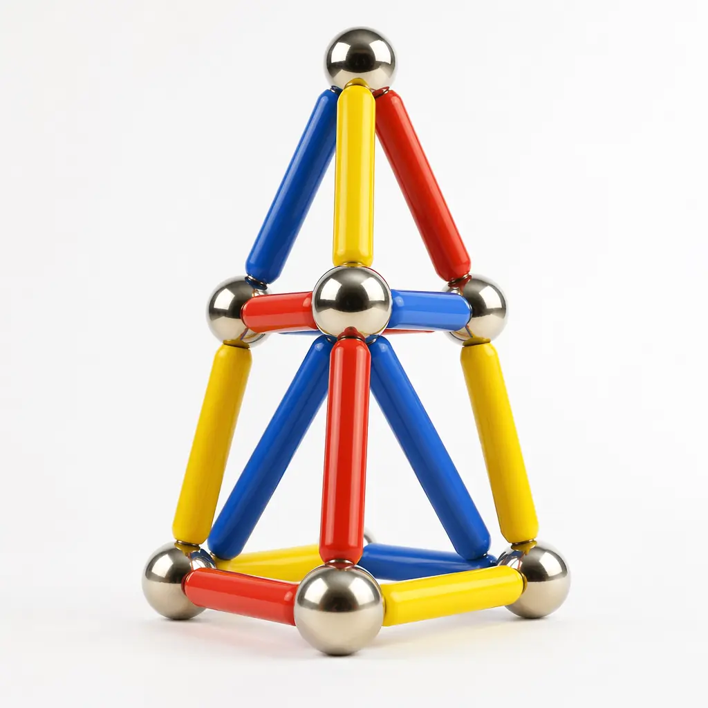 Oversized magnetic bars and balls forming a simple preschool-friendly tower