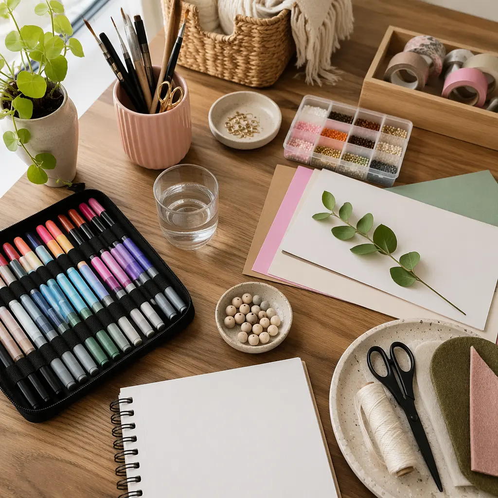 Neatly arranged arts and crafts supplies on a desk in soft natural light