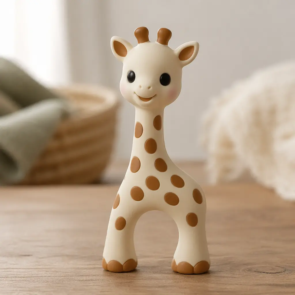 A small rubber giraffe-shaped baby teether standing on a wooden surface in soft natural light.