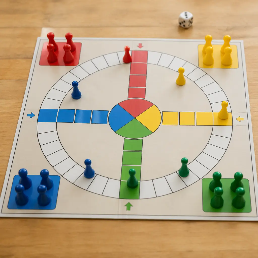 A colorful race-style board game with pawns moving around a track
