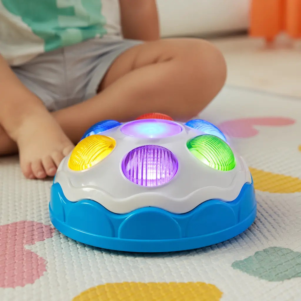 Close-up of a sound-activated toy on a play mat with toddler legs nearby