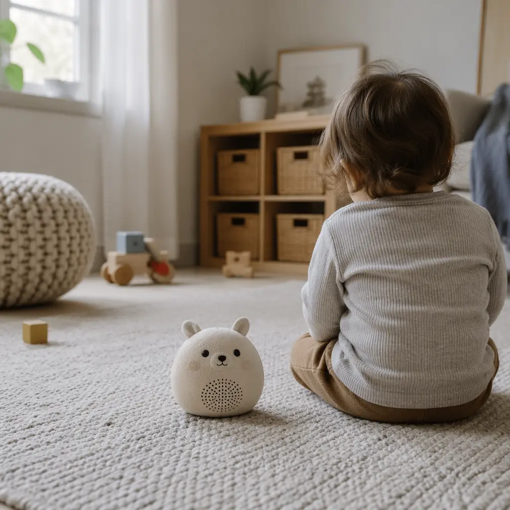 Sound-activated toy in a calm play area with a toddler nearby, face not visible