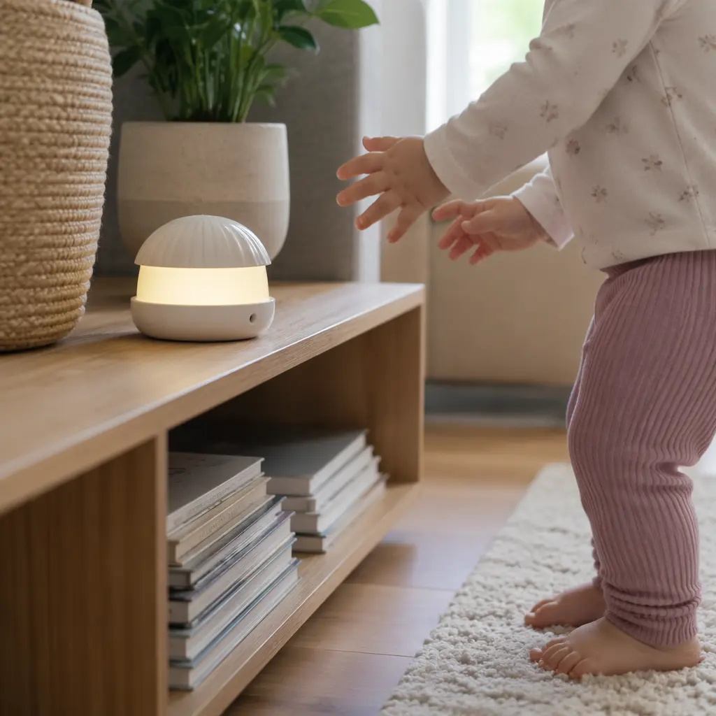 Sound-activated toy on a shelf in a softly lit living room, with toddler hands nearby