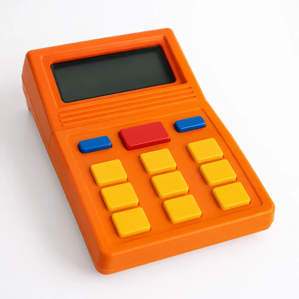 A vintage-style orange electronic learning toy with buttons and a small screen