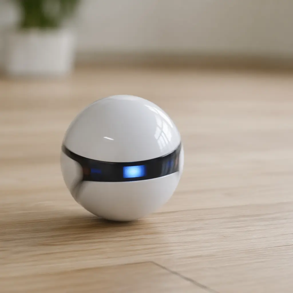 A smooth spherical robot toy resting on a wooden floor, suggesting motion and play