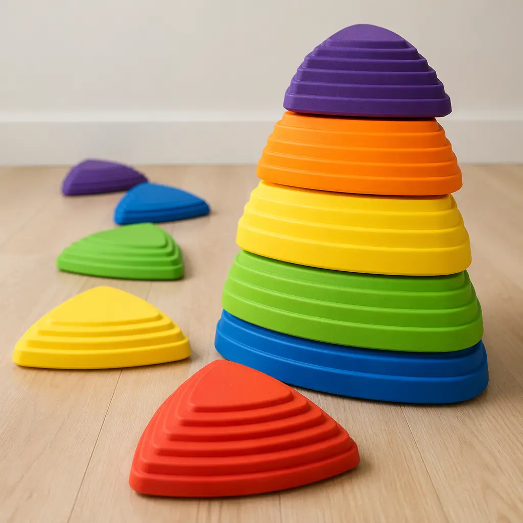 Colorful stackable balance stones arranged for active play on a wooden floor