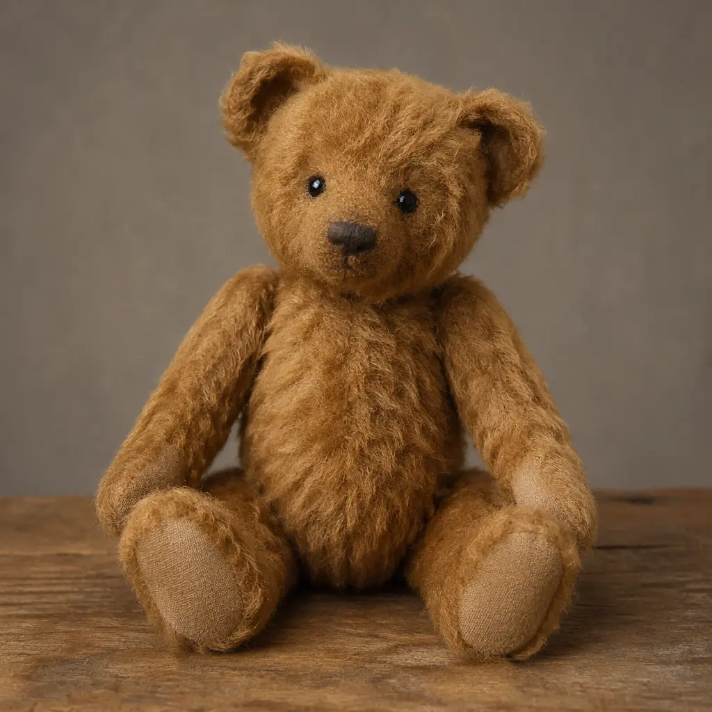 A classic jointed teddy bear with soft plush fur and stitched nose, sitting upright