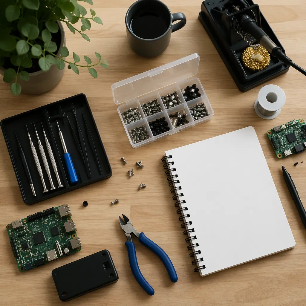 STEM kit workspace with tools and components arranged neatly