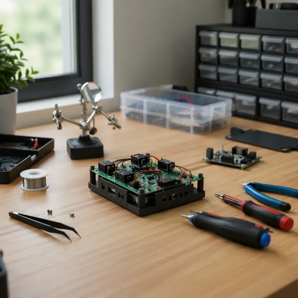 Hands-on STEM gadget kit with electronic parts laid out on a workbench